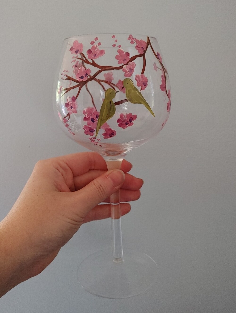 Vintage Hand Painted Cherry Blossom with Birds Wine Glass